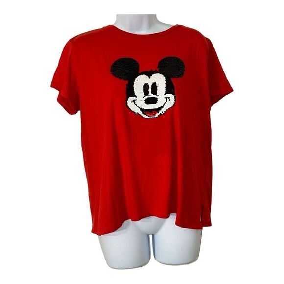 No Brand Tops - Vintage Sequin Mickey Mouse Tee Face Red Graphic Walt Disney T Shirt